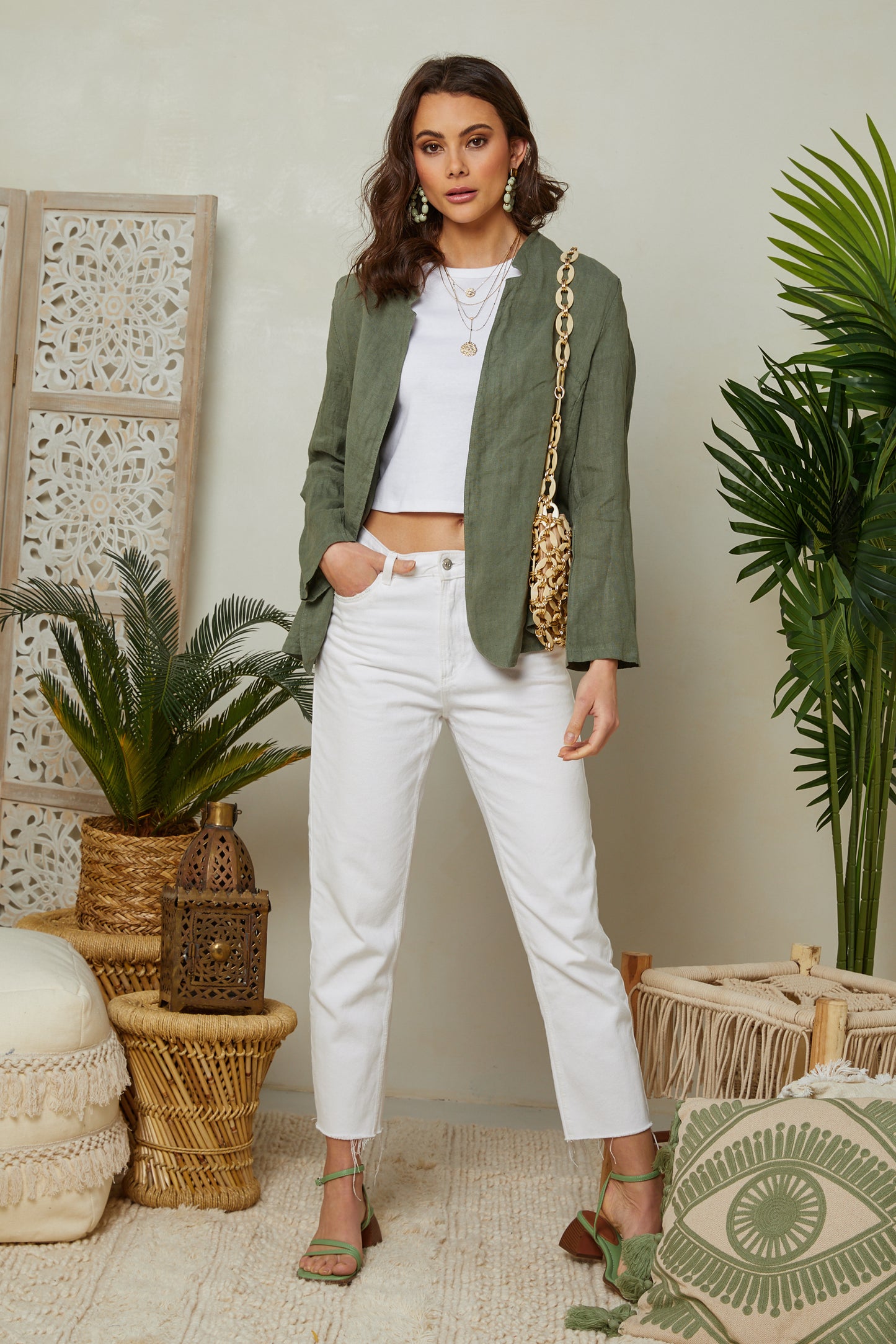 Veste en lin ouverte avec manches 3/4