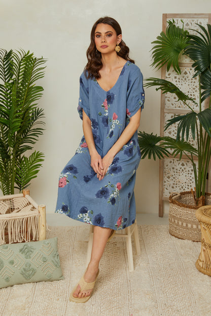 Robe fleurie à manches courtes avec poches