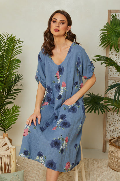 Robe fleurie à manches courtes avec poches