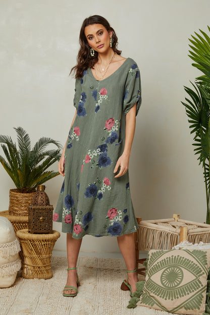 Robe fleurie à manches courtes avec poches