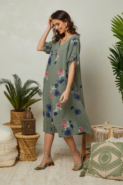 Robe fleurie à manches courtes avec poches