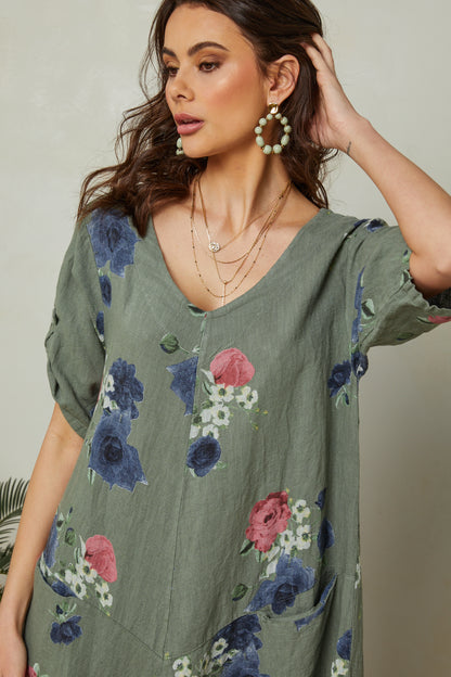 Robe fleurie à manches courtes avec poches
