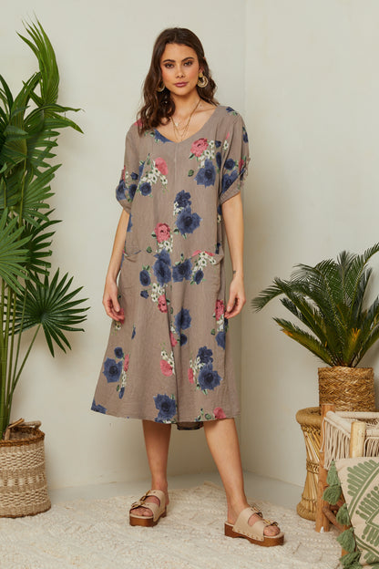 Robe fleurie à manches courtes avec poches