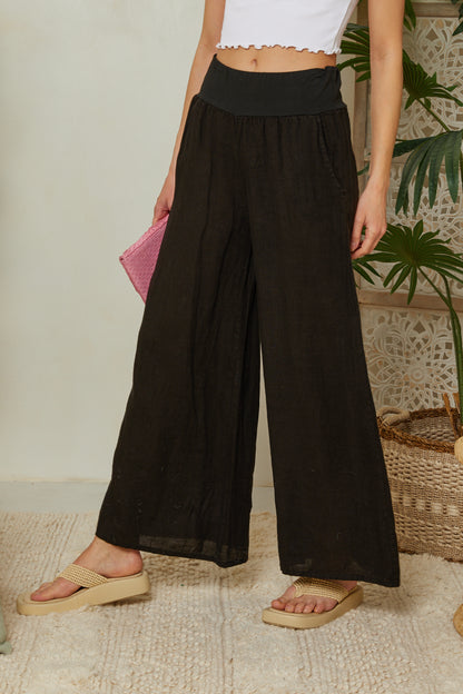 Pantalon taille haute large à bande élastique