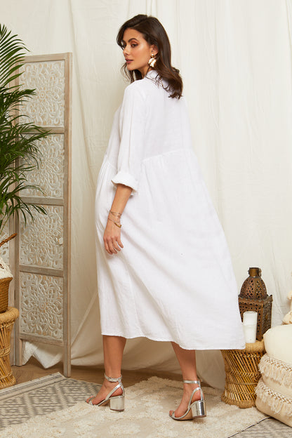 Robe longue boutonnée avec manches retroussées
