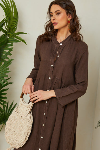 Robe longue boutonnée avec manches retroussées