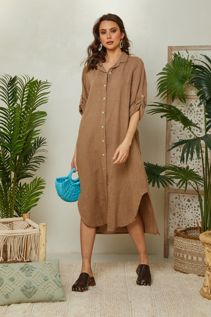 Robe chemise longue avec manches retroussables