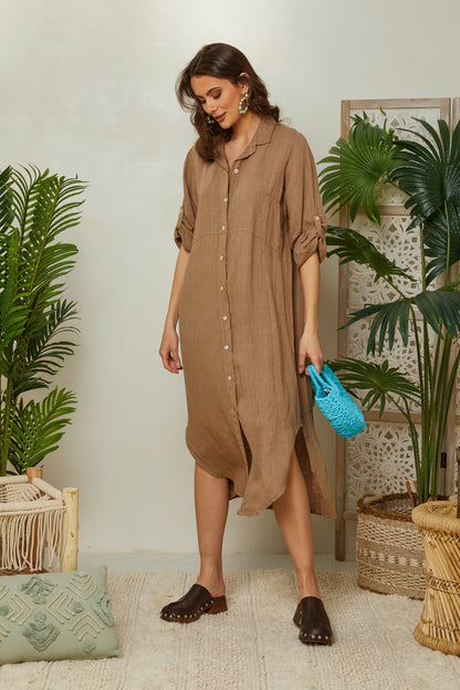 Robe chemise longue avec manches retroussables