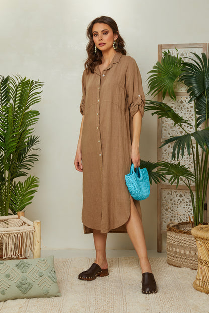 Robe chemise longue avec manches retroussables