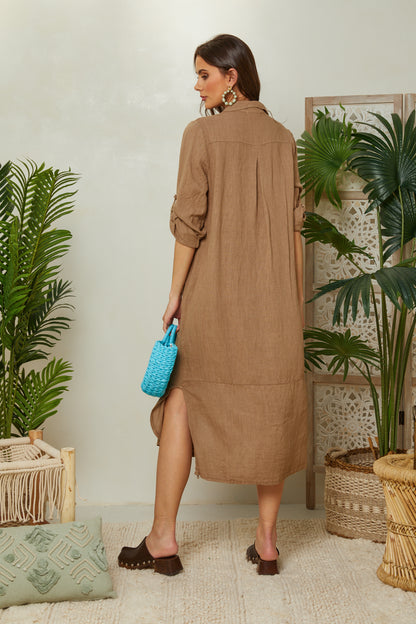 Robe chemise longue avec manches retroussables