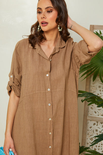 Robe chemise longue avec manches retroussables