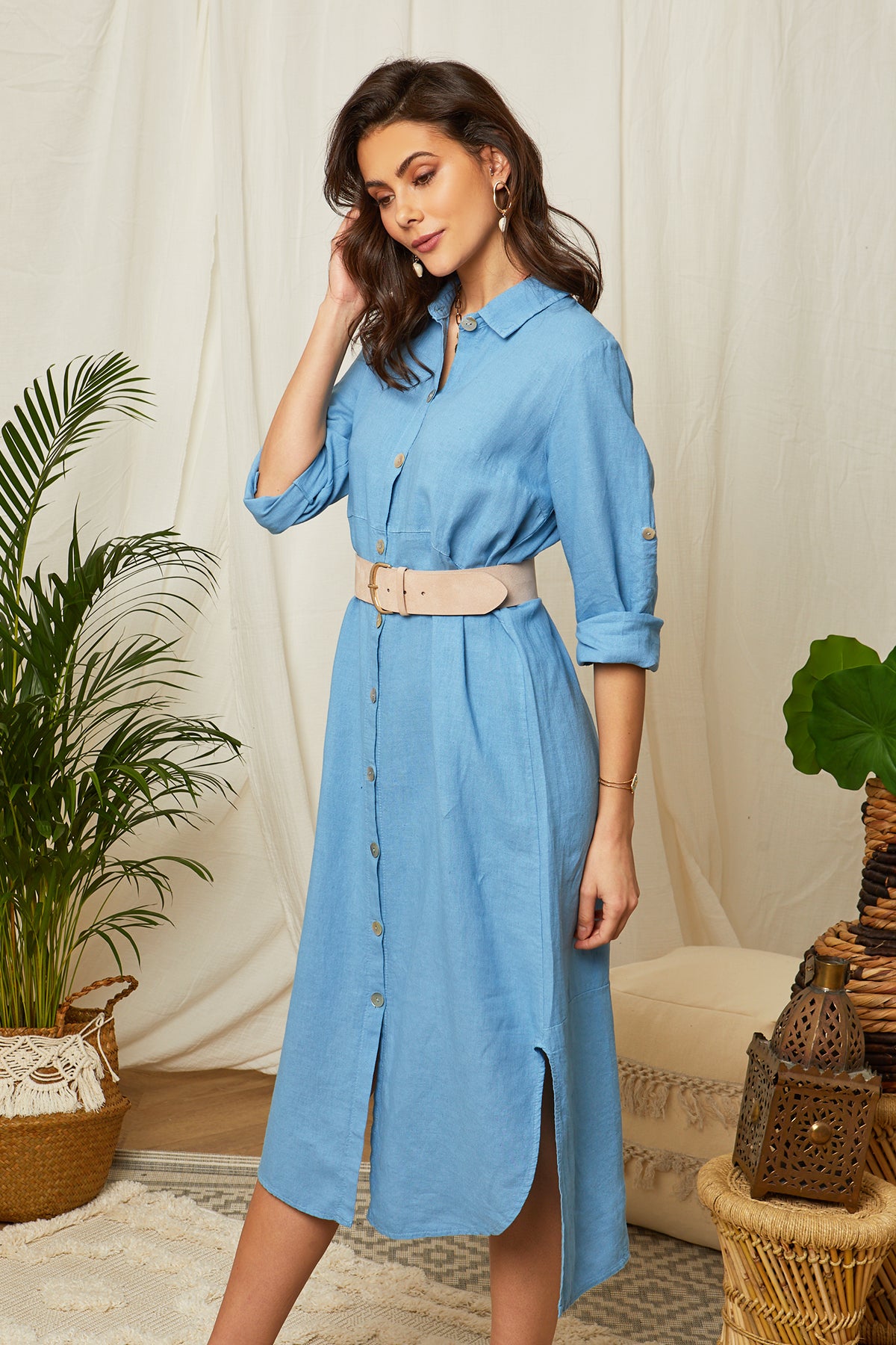 Robe chemise longue avec manches retroussables
