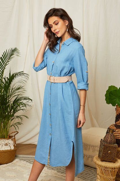 Robe chemise longue avec manches retroussables