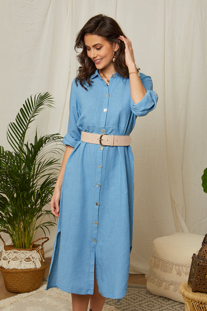 Robe chemise longue avec manches retroussables