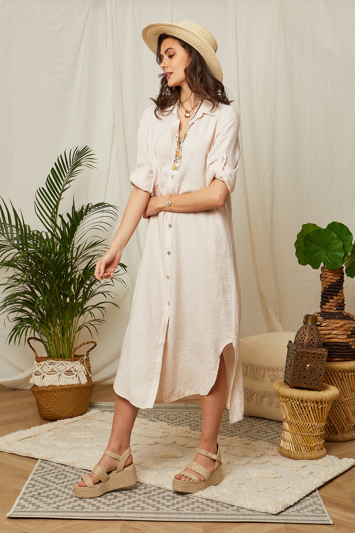 Robe chemise longue avec manches retroussables