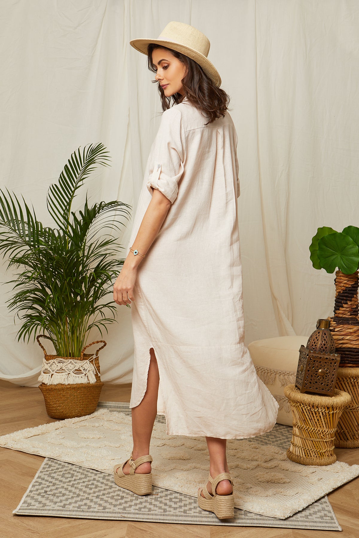 Robe chemise longue avec manches retroussables