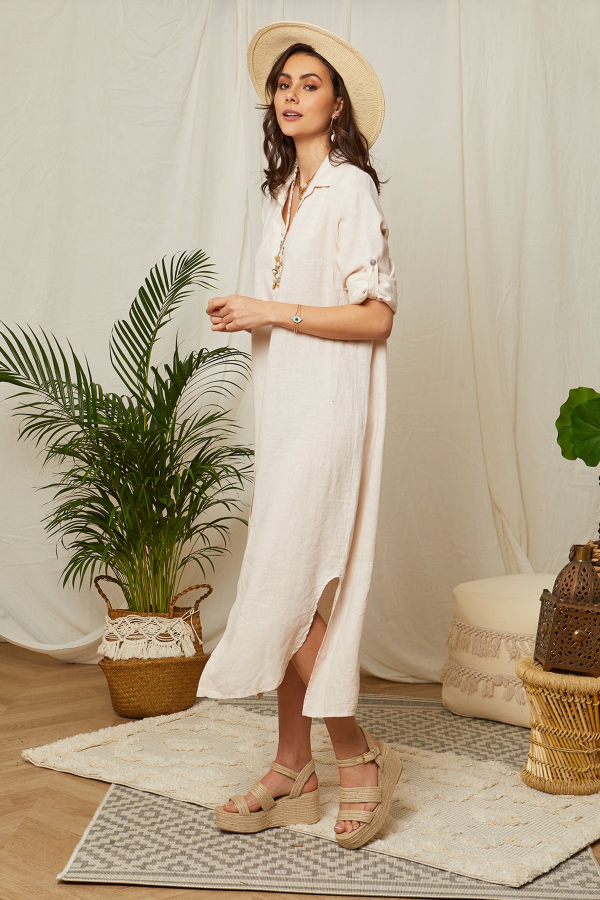 Robe chemise longue avec manches retroussables